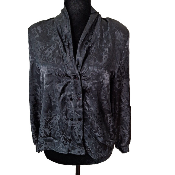 Vintage 80s Black Shawl Collar Blouse Embossed Satin Women Petite Medium - Picture 1 of 8